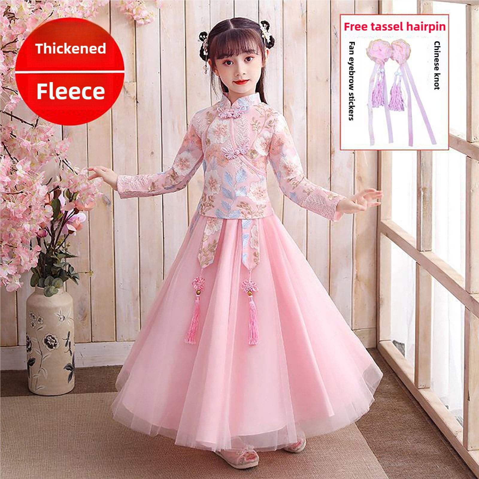 Coerni Toddler Baby Girls New Year's Tang Suit Sets Chinese Ancient Clothing Sets Vintage Long Sleeve Floral Top Dress 2Pcs Outfits