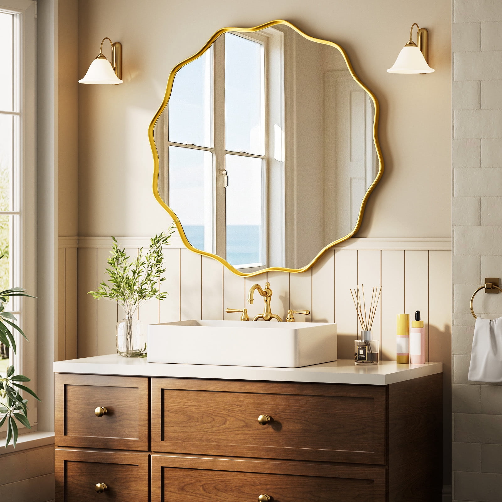 Easy4Home 30" Wavy Round Bathroom Mirror Wall Mounted Decorative Mirror With Deep Frame, Gold