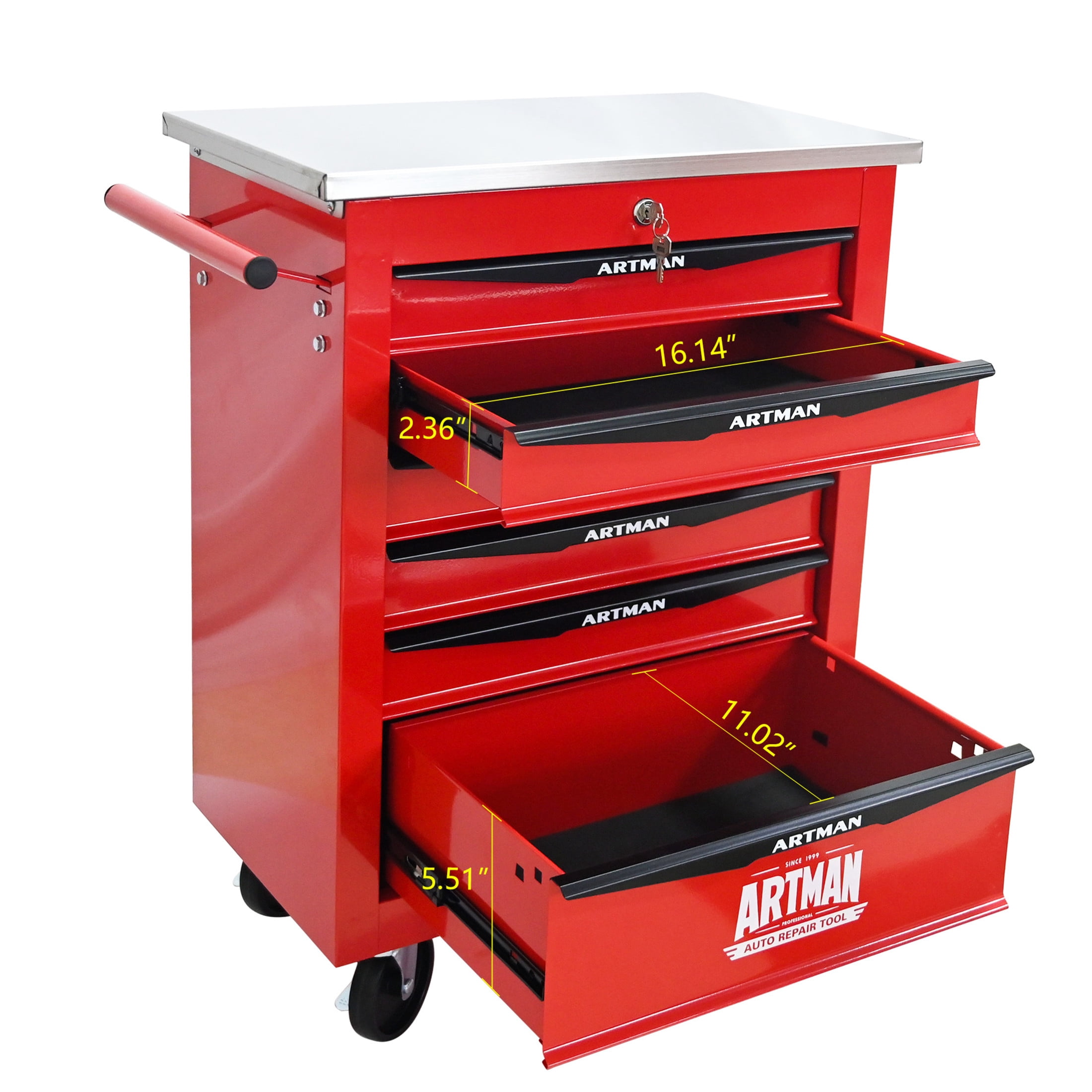Noble House 6-Drawer Rolling Tool Organizer Cart, Steel Mobile Chest Storage with Worktop for Garage Workshop, Red