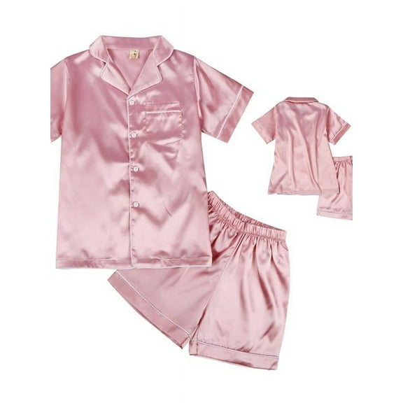 Pajamas Kid Pjs Set Girls Boys Silk Pajamas Satin Sleepwear Short Sets 2 Piece Button-Down Soft Nightwear Summer Nightie for 4-10 Years