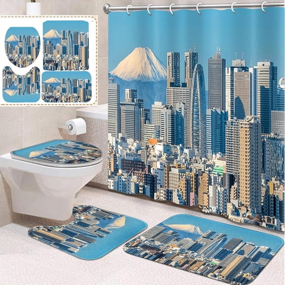 4 Pcs Bathroom Sets with Shower Curtain and Rugs, Kids Tractor Car Farm, Bathroom Decor Blue Cute Nursery Truck Shower Curtain Sets for Bathroom Decor