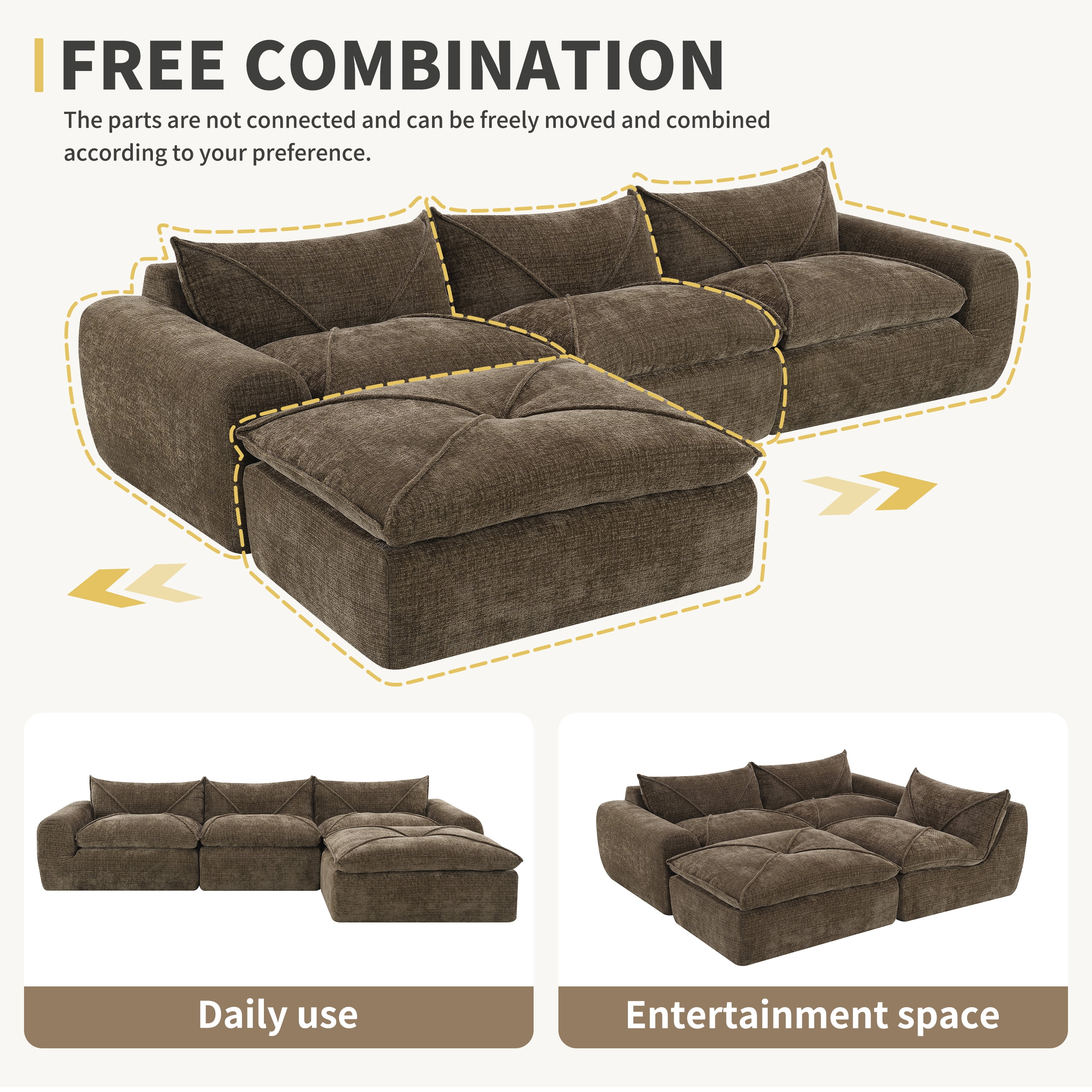 Euroco 116'' Fully Compressed Sofa with High Density Foam, Integrated Backrest&Seat Cushion, Decorative Edging, Legless Design without Frame, No Assembly Required, Free Combination