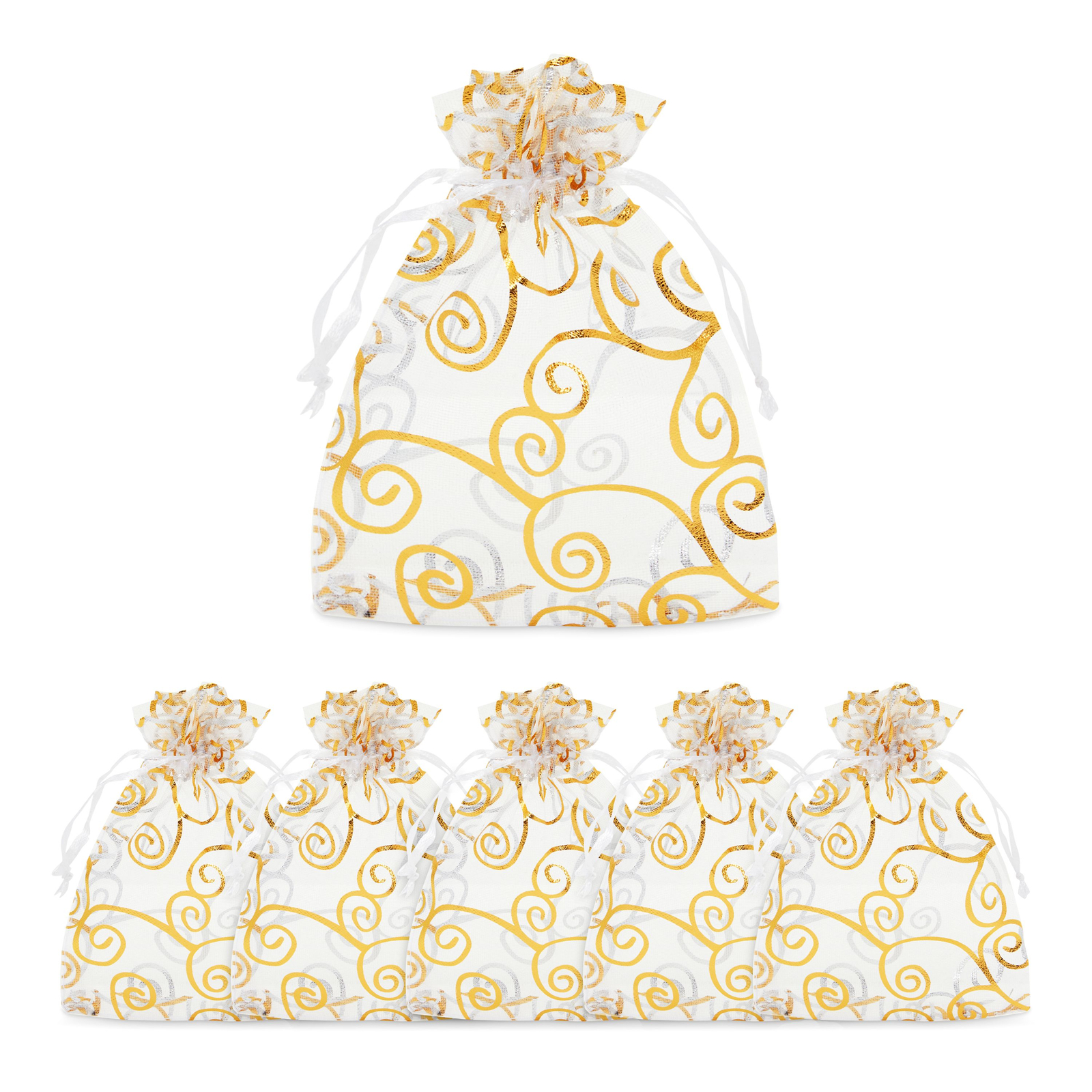 Organza Bags - 120-Count Satin Drawstring Organza Pouches with Gold Swirl Design, Mesh Favor Bags for Baby Showers, Wedding Gifts, Special Occasions, Party Favors, 3.5 x 4.75 inches - image 1 of 5