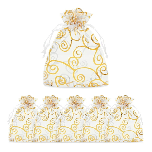 Organza Bags - 120-Count Satin Drawstring Organza Pouches with Gold Swirl Design, Mesh Favor Bags for Baby Showers, Wedding Gifts, Special Occasions, Party Favors, 3.5 x 4.75 inches