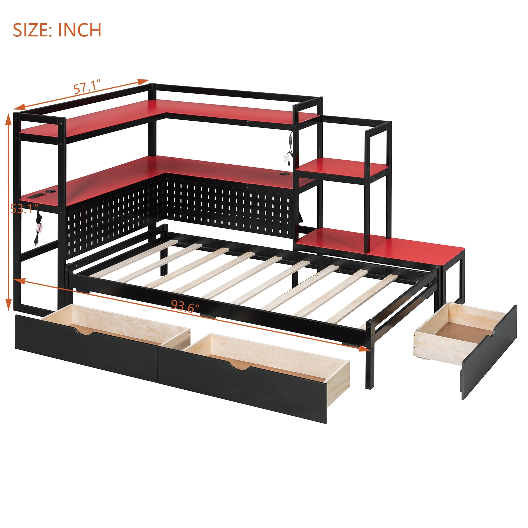 Mintazer Twin LED Gaming Daybed Storage Platform Bed with Charging Station & Integrated Desk Bookshelves and 3 Drawers for Kids Teens, Black+Red