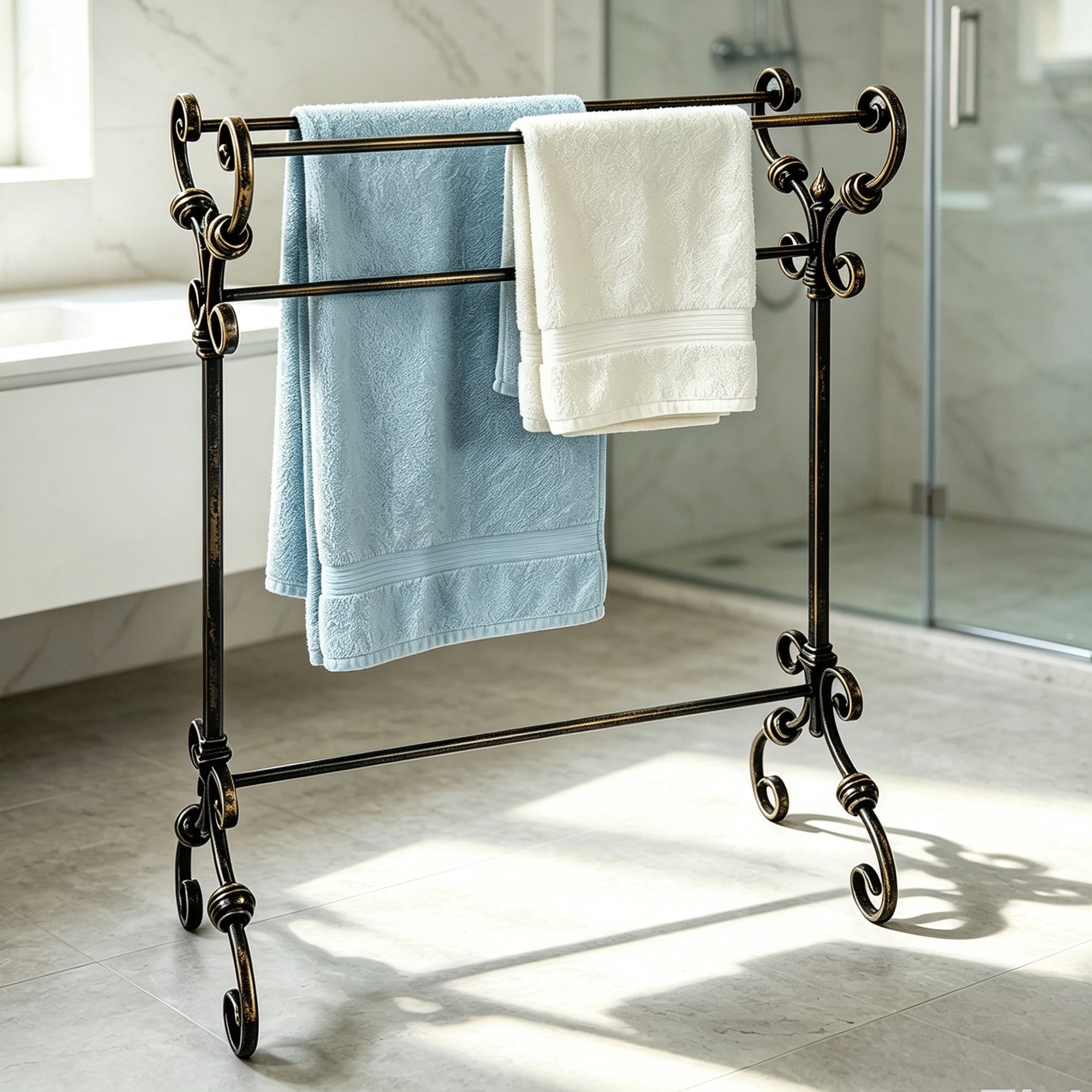 KOOL Antique Scroll Wrought Iron Freestanding Towel Rack, Free Standing Bathroom Towel Bar Stand, Rustproof Decorative Towel Drying Holder for Bathroom, Bedroom & Laundry Room