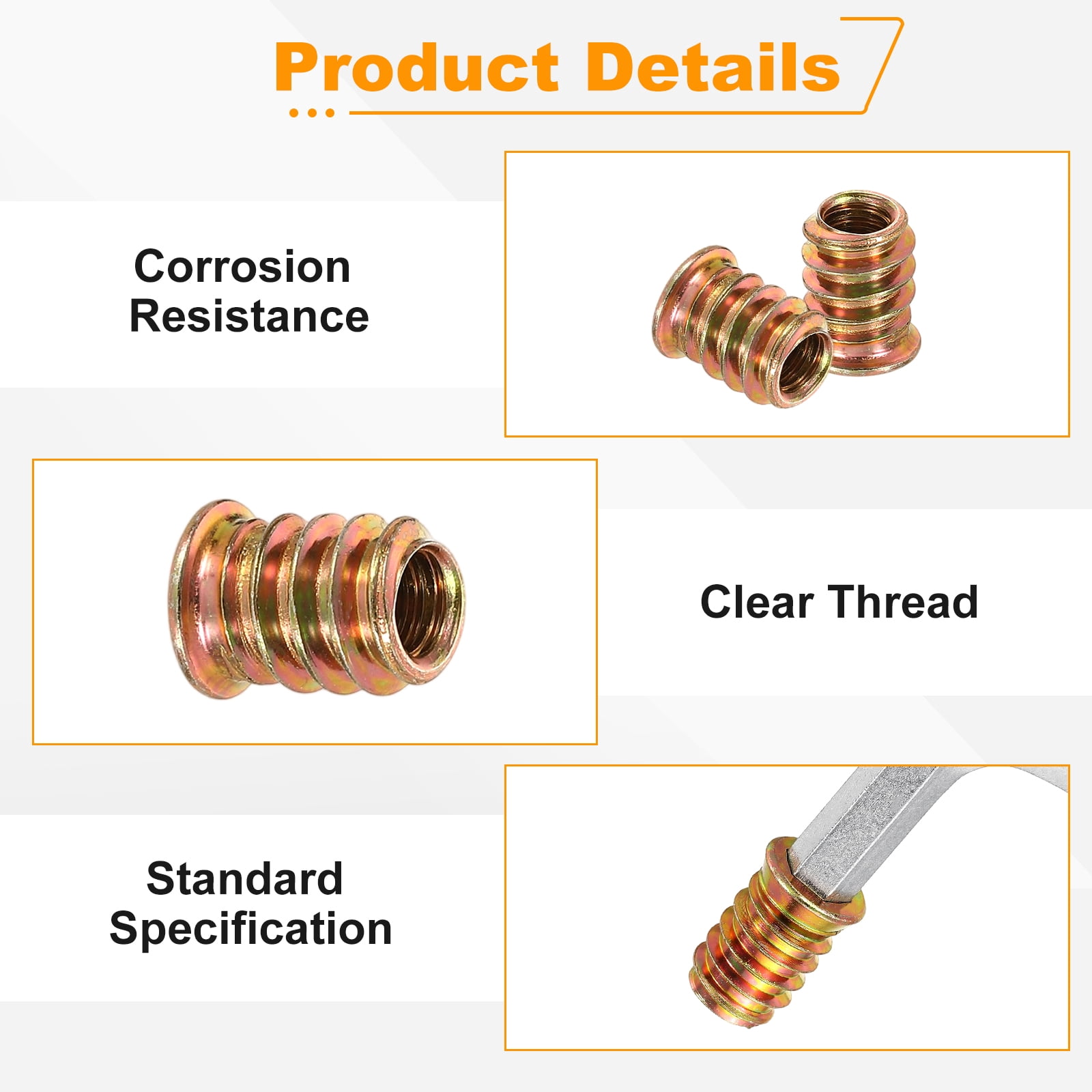 100 Pcs Threaded Insert for Wood, 1/4 - 20 Threaded Studs 15mm Length, Gold