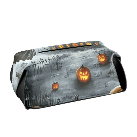 Halloween Pumpkins and Witch Tissue Box Cover Leather Square Rectangle Tissue Box Holder for Bathroom Living Room Desk Office Decor