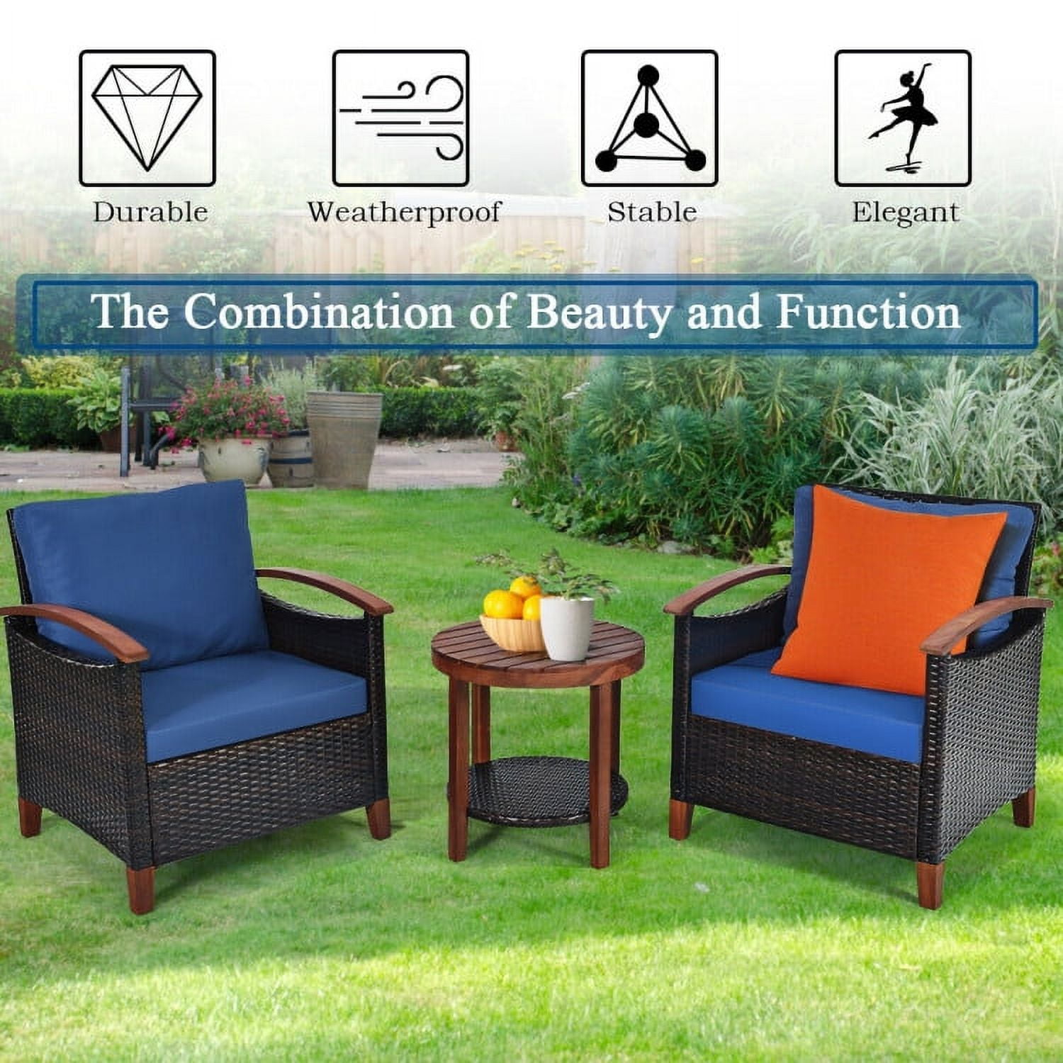 Aimee Lii 3 Pieces Patio Rattan Furniture Set with Washable Cushion and Acacia Wood Tabletop, Small Patio Set, Blue Aimee Lii 3 Pieces Patio Rattan Furniture Set with Washable Cushion and Acacia Wood Tabletop, Small Patio Set, Blue