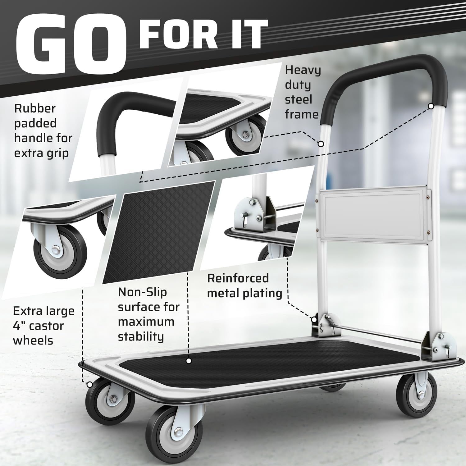Upgraded Foldable Push Cart Dolly | 660 lbs. Capacity Moving Platform Hand Truck | Heavy Duty Space Saving Collapsible | Swivel Push Handle Flat Bed Wagon (White, 660 lbs. Capacity)