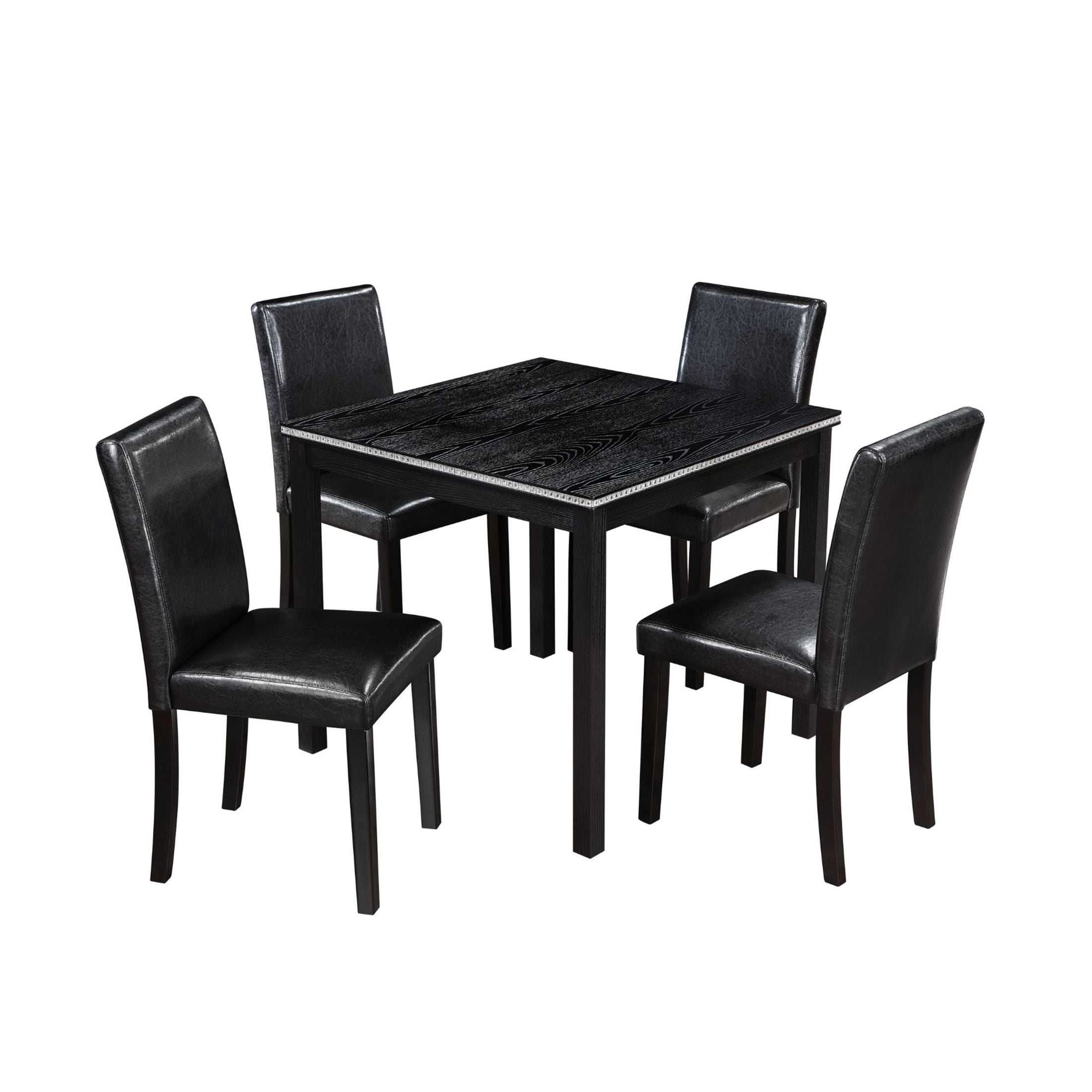 Noble House 5-Piece Wooden Dining Set, Square Table with Crystal Trim and PU Leather Upholstered Chairs, Black