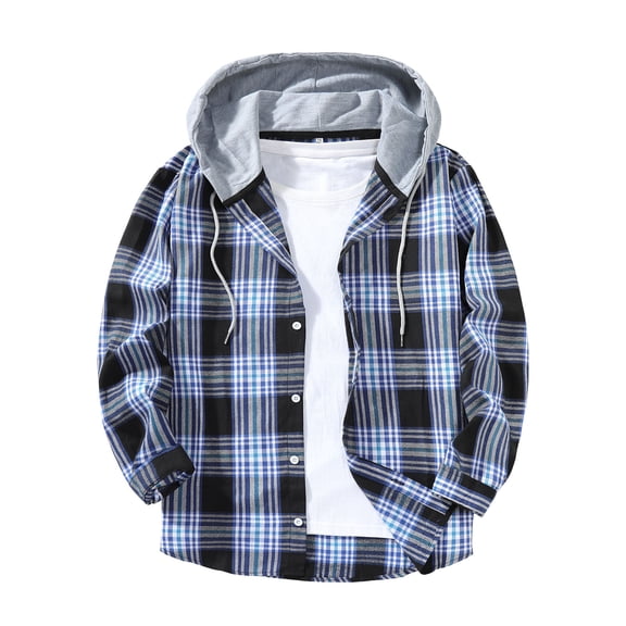 Atogsazn Men's Plaid Shirt Casual Button Long Sleeve Hoodie Jacket Lightweight Tops Coat Outerwear Clothing Blue M Fashion