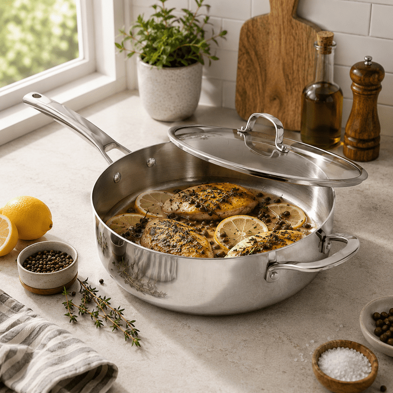 CoreClad Tri-Ply Stainless Steel 6-Quart Saute Pan with Glass Lid