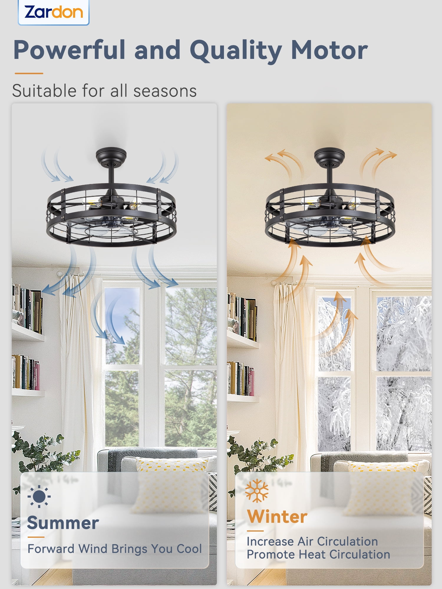 Zardon 22" Matte Black Cage Ceiling Fan with Light, Farmhouse and Bladeless with Timer, 6 Speeds, Ultra Quiet 30dB for Bedroom, Kitchen, Living Room