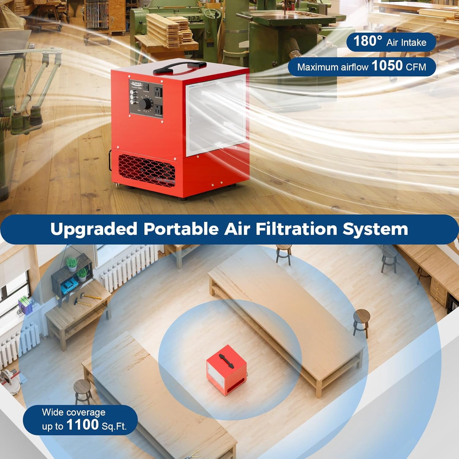 AlorAir 850/1050 CFM Portable Air Filtration System Built-In Ionizer with Strong Vortex Fan for Garage, Works Shop, Purecare 1050IG Tabletop Dust Collector