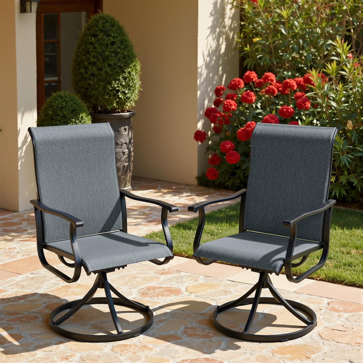 SOLAURA Patio Swivel Rocker Dining Chairs Set of 2, Outdoor Textilene Chairs for Porch, Garden, Backyard, Deck, and Lawn, Dark Gray