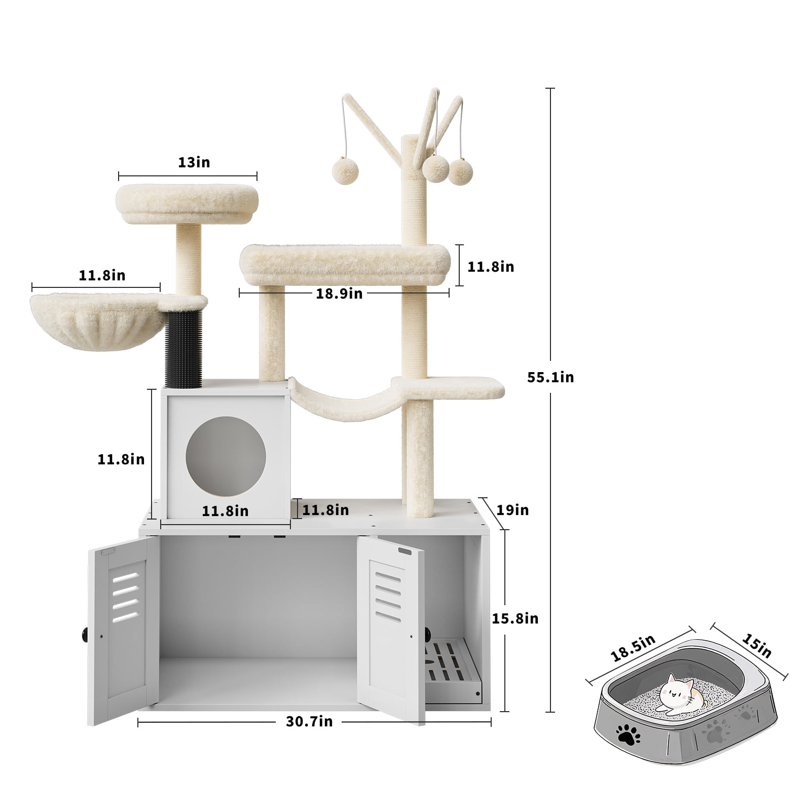 TEQIN Cat Tree with Litter Box Enclosure Furniture,Modern Cat Tower, 53.7’’ H Cat Condo with Sisal Scratching Post and Hammock, Indoor Pet Furniture with Large Platform