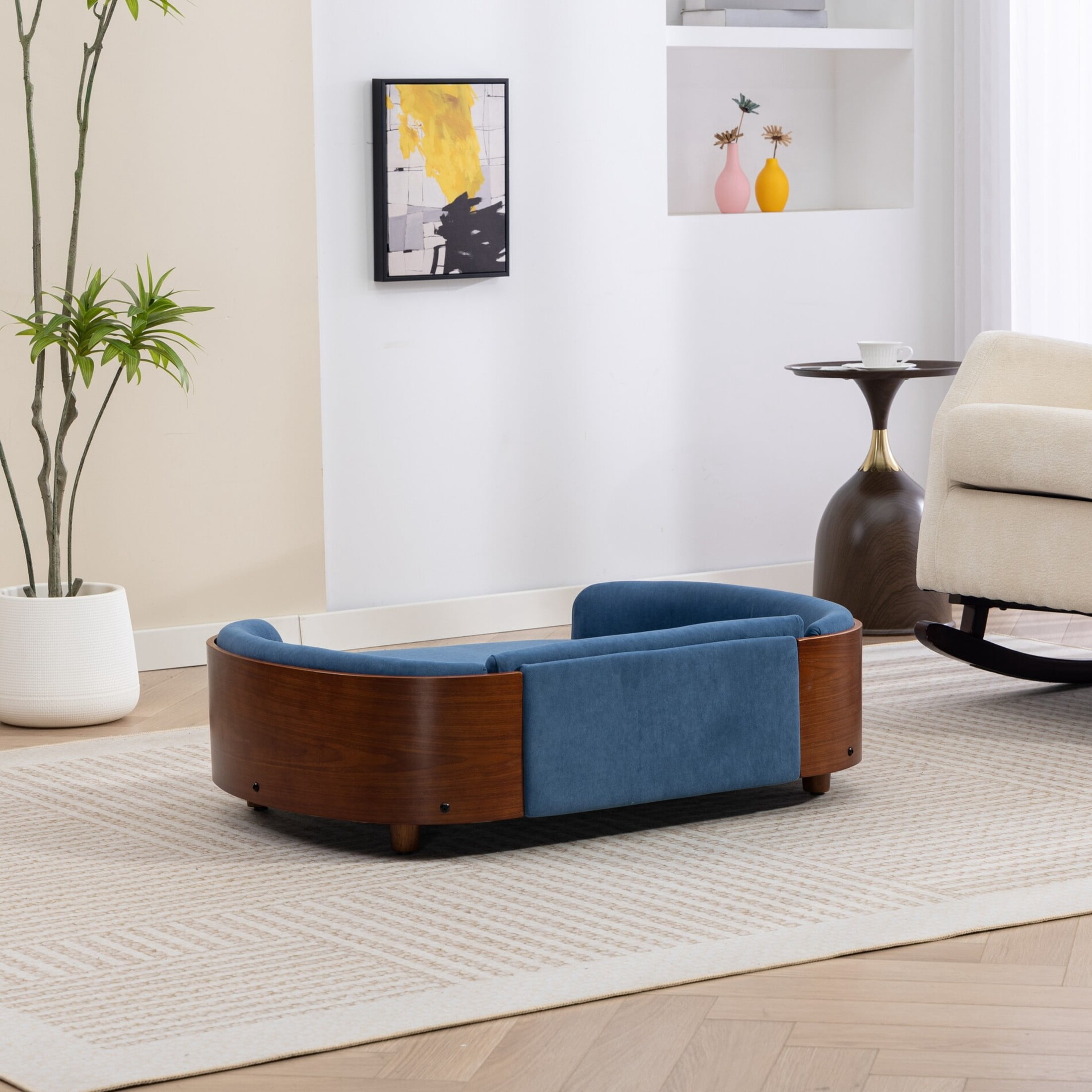 Noble House Scandinavian Elevated Large Dog Bed, Pet Sofa with Solid Wood Frame, Dark Blue and Walnut