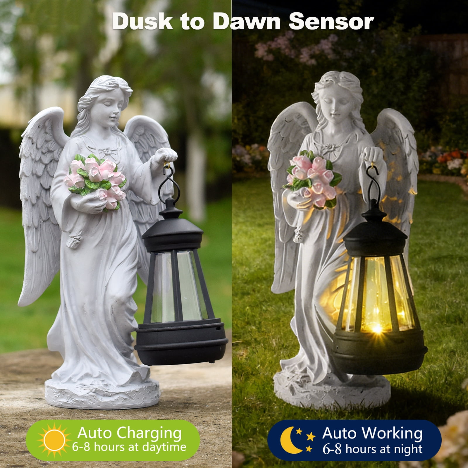 Solar Angel Statue Outdoor, Garden Statue Angel Figurine Lights Outdoor Waterproof, Resin Angel Sculpture for Garden Yard Lawn Grave Cemetery Decor, Gift for Mom Grandma Women