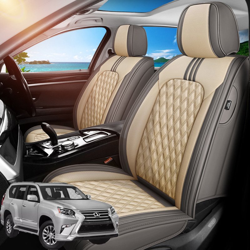 Front Seat Covers Fit for Lexus GX460 2008-2023 Premium Faux Leather Waterproof Breathable Anti‑Slip Seat Protectors Gray&Beige