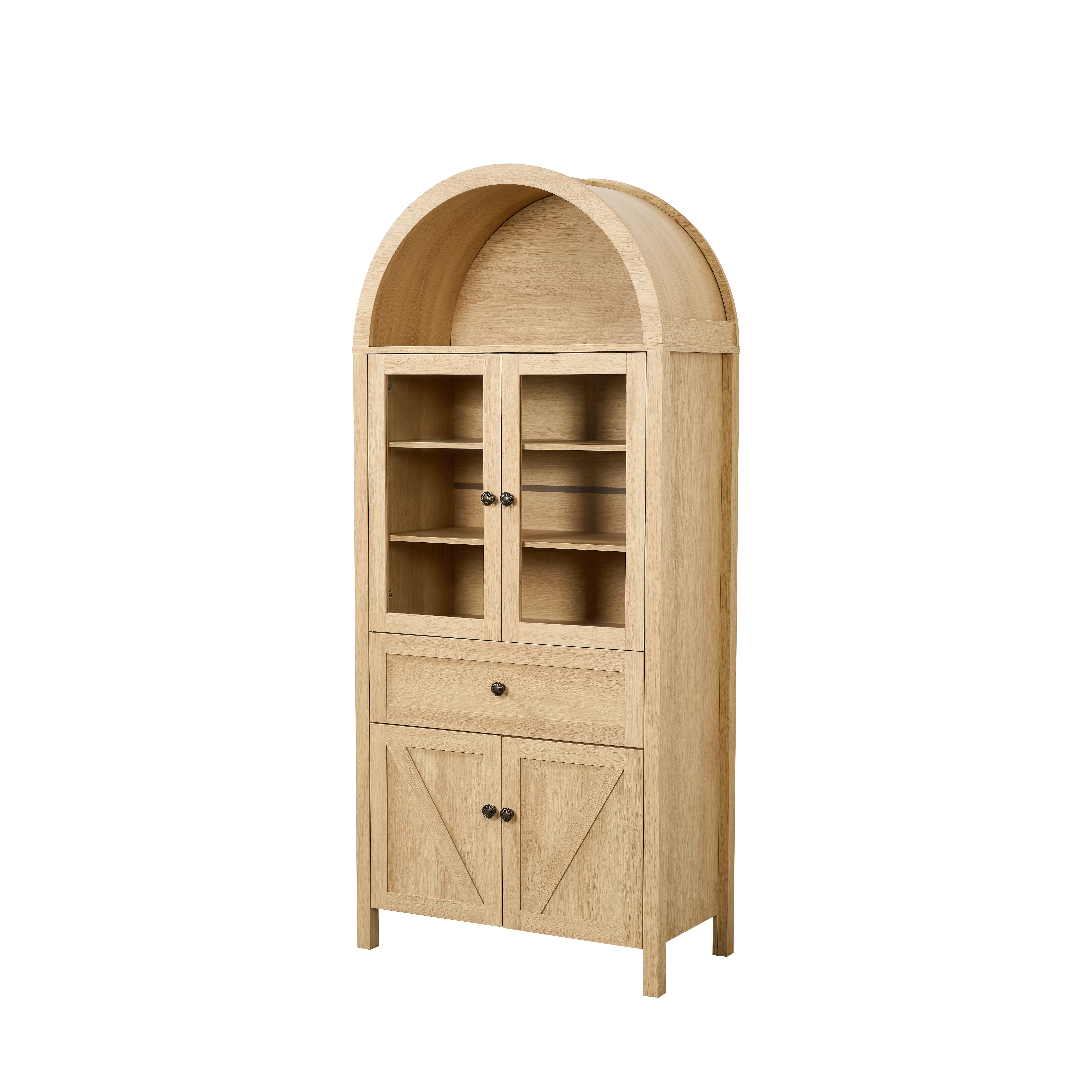 Aukfa Retro Wood Storage Cabinet, Arched Tall Kitchen Pantry with Bookshelf & Sideboard,Natural