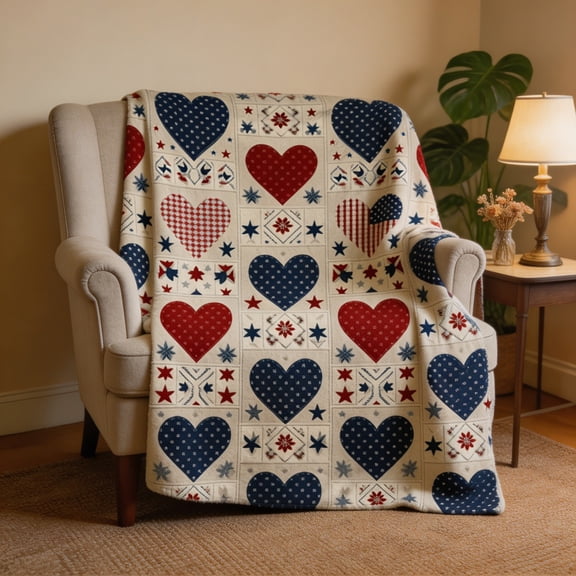 Twfbrm 4th of July Patriotic Throw Blanket, Red White and Blue Heart Pattern Flannel Blankets, Soft Warm and Lightweight Independence Day Decorative Blankets for Couch, Sofa, Bed, Car, Chair