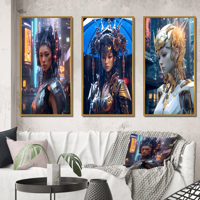 Designart "Futuristic Cyberpunk Goddess Portrait II" Cyberpunk Woman Framed Wall Art Set Of 3 - Blue Woman Cyberpunk Frame Gallery Wall Set For Home Decor