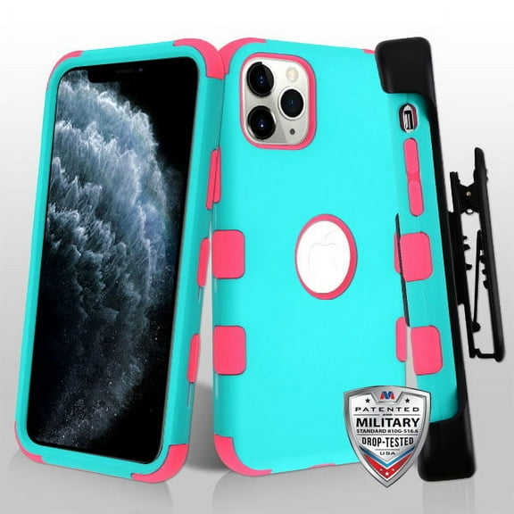 Apple iPhone 11 PRO Phone Case Hybrid Armor HOLSTER [Three Layers] Kickstand [Carrying Belt Swivel Clip] Protective Drop-Proof Rubber Silicone TPU Rugged Teal Mint Pink Cover for Apple iPhone 11 Pro