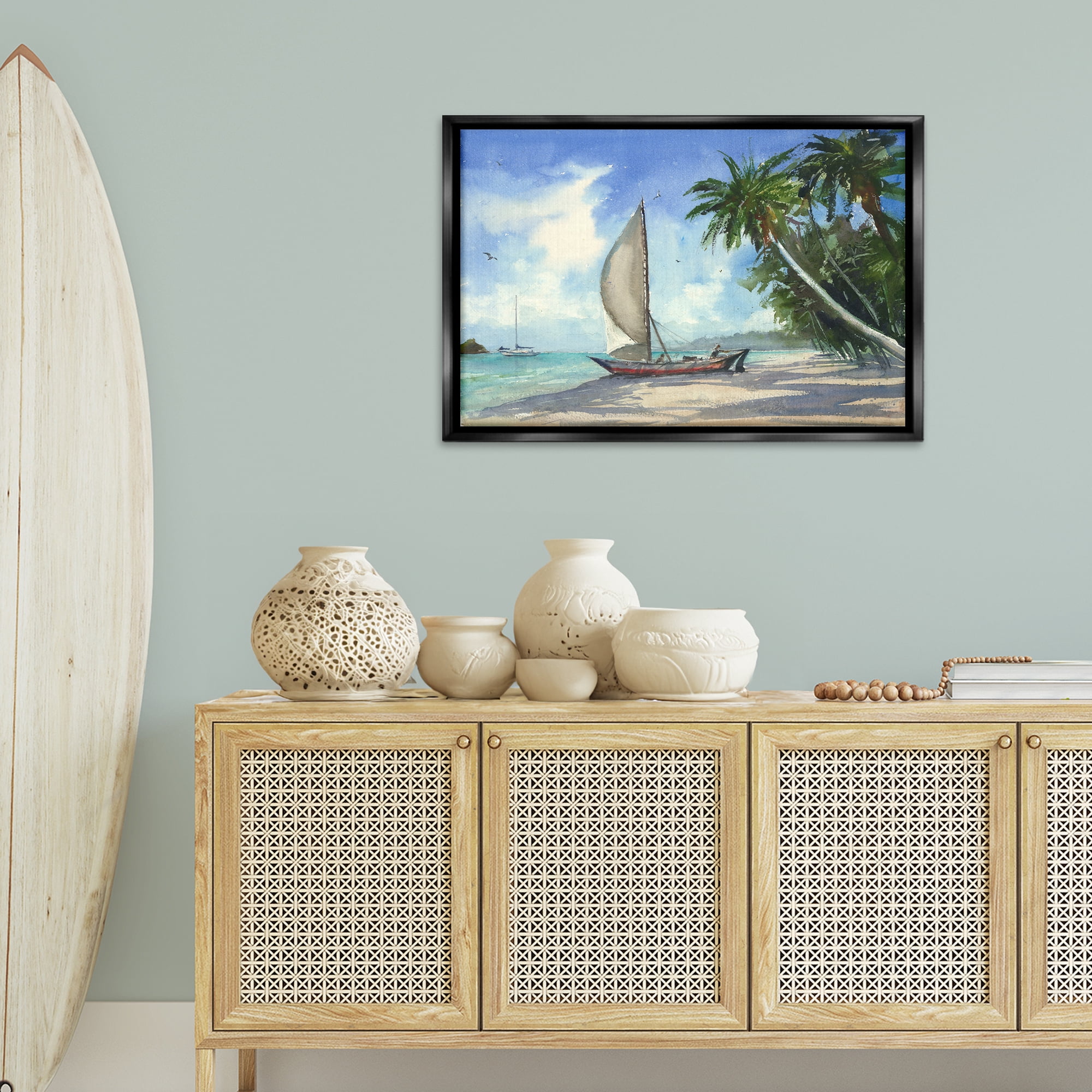 Stupell Industries High & Dry Boat on Shore Nautical & Beach Painting Black Floater Framed Canvas Art Print Wall Art, 31 x 21