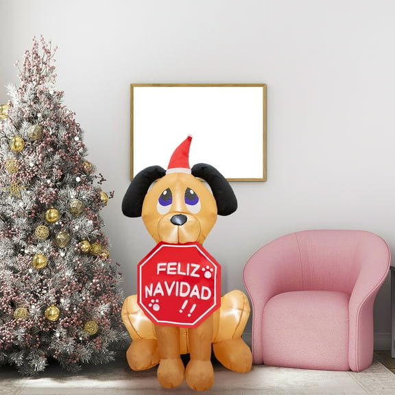 Inflable Navideño de Perrito con Letrero de Feliz Navidad