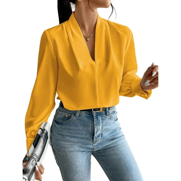 Work Blouses for Women Long Sleeve Blouses Business Spring Top Womens V Neck Office Shirts Orange L