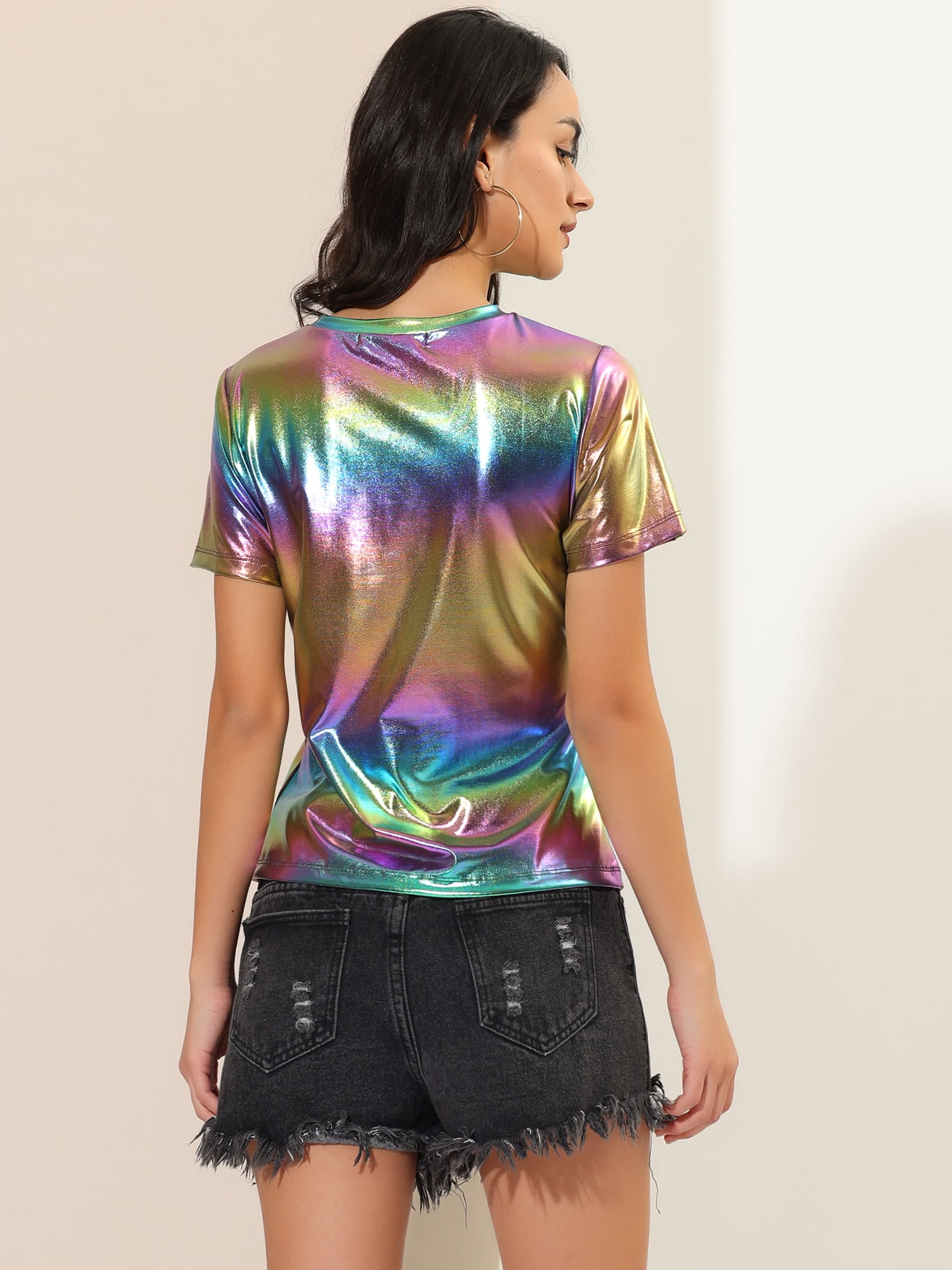 DARING DIVA Party Metallic Textured Short Sleeve Shiny Tops L Colorful