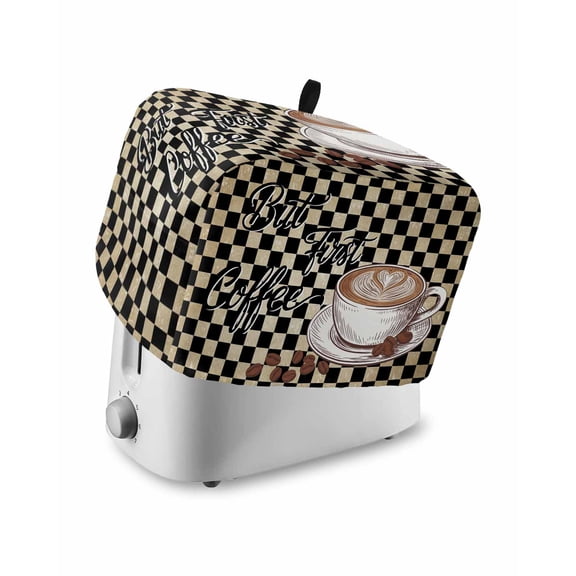 Farmhouse Coffee Toaster Cover 2 Slice, Small Kitchen Appliance Covers, Modern Vintage Coffees Black Brown Plaid Toaster Oven Cover with Loop, Bread Machine Cover Polyester Dust Cover Protection