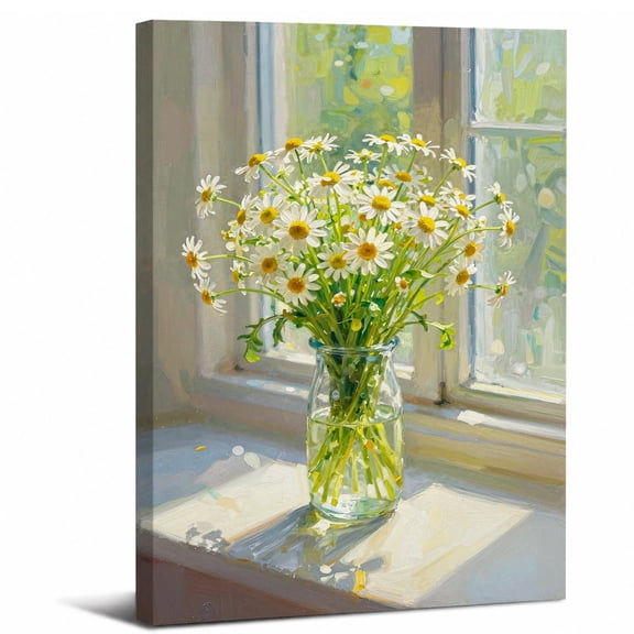 Daisies in Glass Vase Canvas Wall Art Framed Decor,Bright Floral Still Life Botanical canvas print perfect for bathroom bedroom or living room