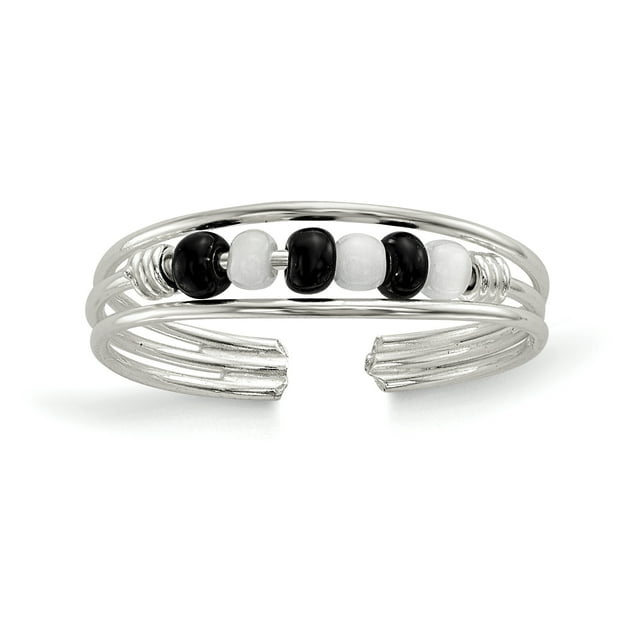 925 Sterling Silver Noir Blanc Perled Réglable Orteil Anneau Ouvert Midi