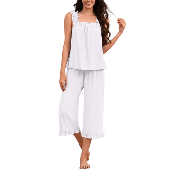 Ekouaer Womens Pajamas Set 2 Piece Ruffle Pj Soft Tank Top and Pants Sleepwear Lounge Sets for Women Sleeveless Set