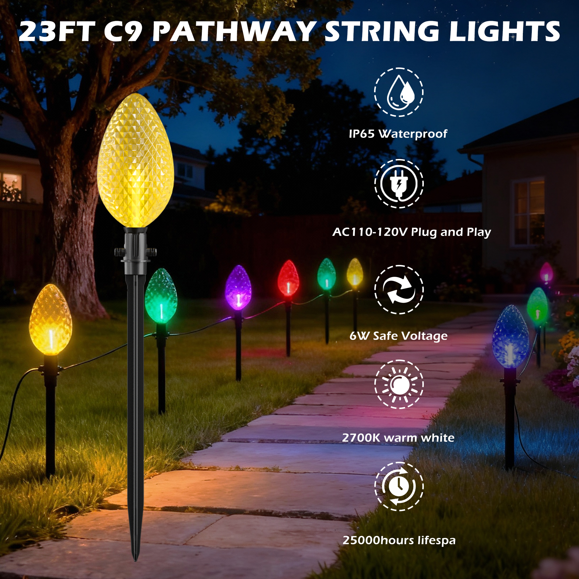 Beatineon 23ft C9 Faceted Pathway Lights, 12 Multicolor Christmas String Lights with 12 Ground Stakes, IP65 Waterproof Connectable Outdoor Decor, ETL Listed