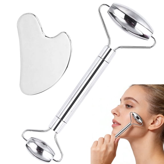 Stainless Steel Gua Sha and Face Roller Set, 2 Pcs Facial Massage Tools for Face, Neck and Eye Care