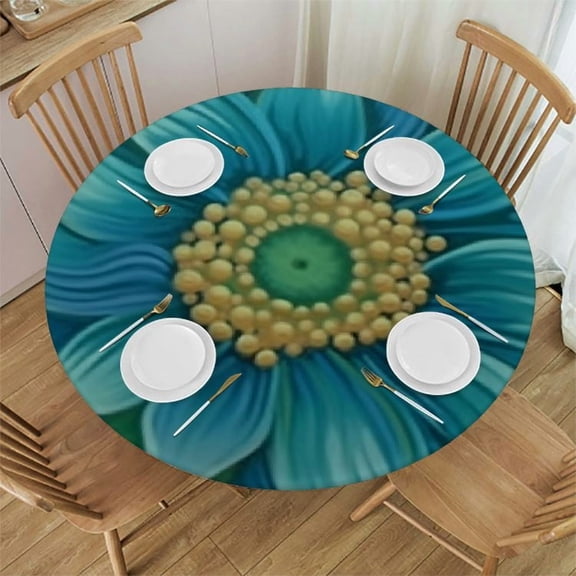 Teal Flower Round Fitted Tablecloth Round Table Cover with Elastic Edge Waterproof Wipeable Circle Outdoor Table Cloths