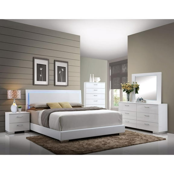 ACME Lorimar Queen Bed with LED in White PU & Chrome Leg, Multiple Sizes