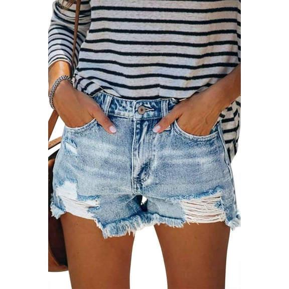 ONLYSHE Women's Casual Denim High Waist Shorts with Pockets, Blue, Size L