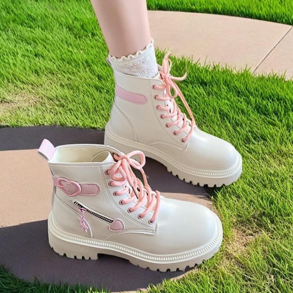 PiGOGI Women's Casual Short Boots Colorblock Round Toe Lace-Up Chunky Heel Comfortable Boots for Women White 42