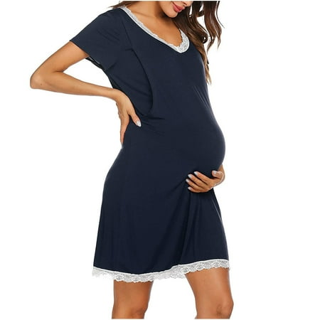 

muxika Womens Nursing Dress V-Neck Short Sleeve Summer Maternity Dresses Solid Color Nursing Gown Lace Patchwork Breastfeeding Dress