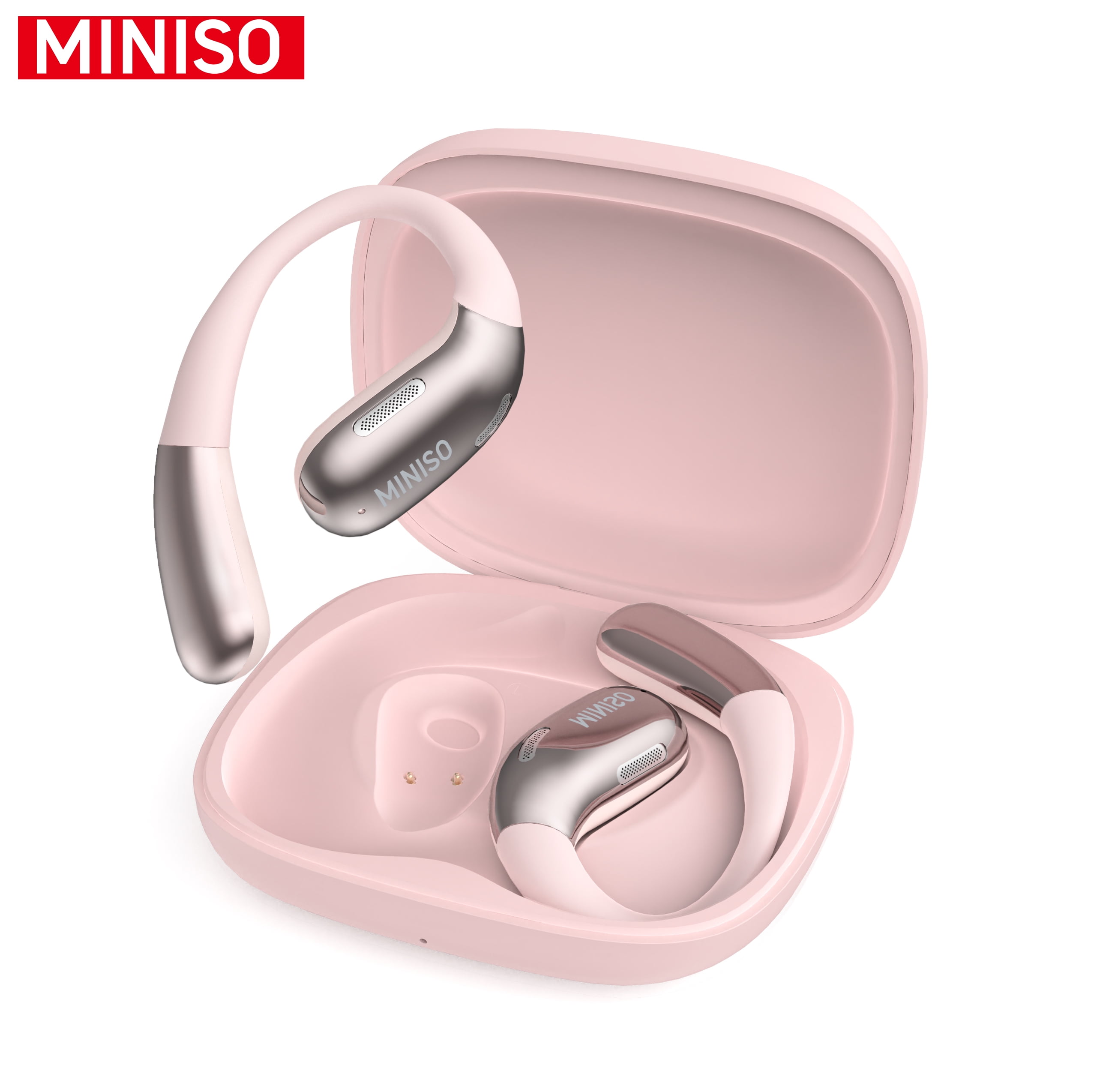 MINISO X28 Wireless Bluetooth 5.4 Earbuds Headphones, Open-Ear Design, AI Translator, 130+ Languages, 40H Playtime, IPX5 Waterproof, Pink + Earbud Case