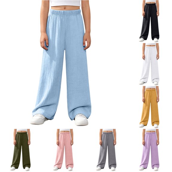 Krdevn Girls Crinkle Gauze Wide Leg Pants Elastic Waist Casual Summer Kids Solid Trousers,11-12 Years