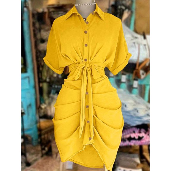 Orange Collared Single-Breasted Tie-Waist Short Sleeve Shirt Dress