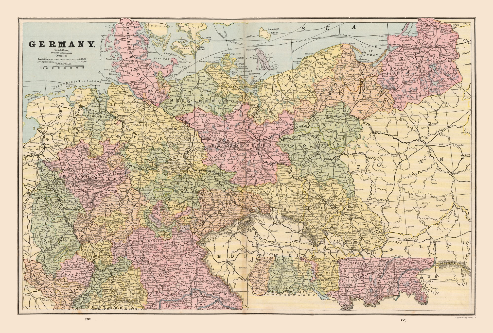 International Map - Germany - Cram's Atlas 1888 - 34.04 x 23 - Walmart
