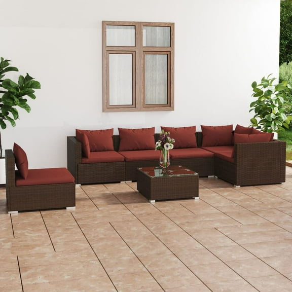 vidaXL 7 Piece Patio Lounge Set with Cushions Poly Rattan Brown