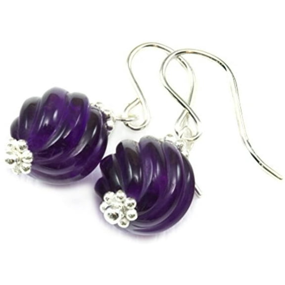 Sterling Silver Amethyst Earrings Smooth Purple Round Carved Swirl Simple Drops Silvertone Accents for Adult Women