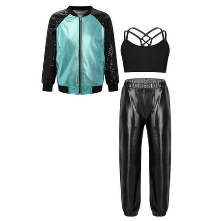Doomiva Kids Girls Long Sleeve Bomber Jacket Dance Crop Top Sports Bra Vest with Pants Set Jazz Street Dancewear Black&Lake Blue 10